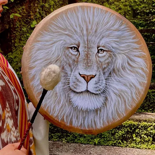 Miniatura 6 de Tambor de chamán león con diseño de tambor etéreo hecho a mano, tambor chamánico siberiano, batería de música para el hogar, adorno con palillo