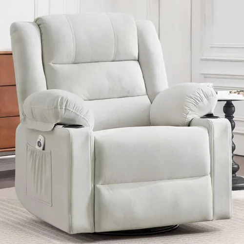 Miniatura 9 de Ketaiyou Silla reclinable giratoria para adultos con masaje y calor, portavasos y bolsillos laterales, sillón reclinable para sala de estar (gris DK)