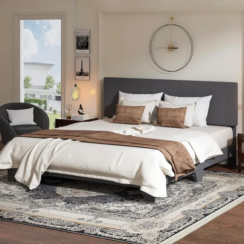 Miniatura 12 de WEEWAY Base de cama de plataforma tapizada completa con cabecero ajustable y listones de madera fuertes, base de colchón resistente, no necesita