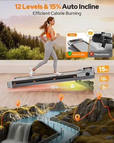 Miniatura 3 de Walking Pad with 15% 12-Level Auto Incline & Handle Bar, Trisomy Foldable Under Desk Treadmill, 450 LBS Capacity Treadmills for Home Hiking with UI