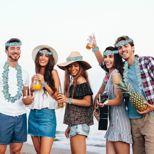 Miniatura 5 de 48 piezas de Leis hawaianos gruesos a granel, revelación de género Leis Blue Jumbo 12 diademas 24 pulseras, 12 collares florales para fiesta Luau