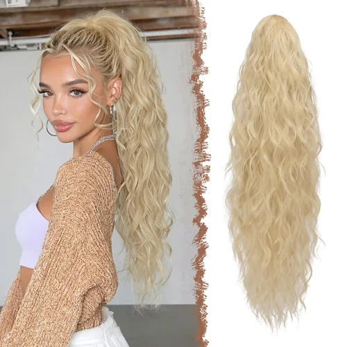 Miniatura 17 de FESHFEN Extensiones de cola de caballo – 26 pulgadas cordón largo rizado ondulado clip en colas de caballo pelo sintético extensiones de cola