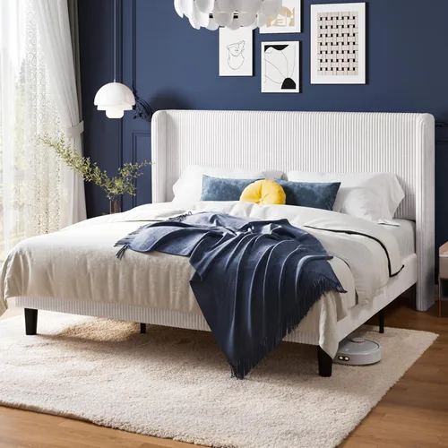 Miniatura 13 de Allewie - Base de cama tamaño Queen con cabecera tapizada de ala de respaldo, plataforma de cama de terciopelo corduroy acolchado con diseño Negro