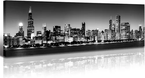 Miniatura 22 de JiazuGo Phoenix Skyline Arte de Pared en Lienzo - Paisaje Urbano de Arizona Enmarcado (14x48 Pulgadas) Negro y Blanco con Amarillo, Decoración