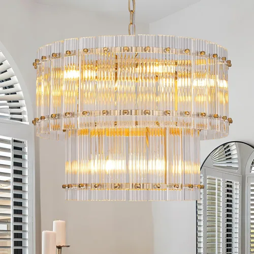 Miniatura 9 de TOCHIC Candelabro de cristal dorado de 6 luces, lámpara moderna de granja de 2 niveles para comedor, lámpara colgante para sala de estar