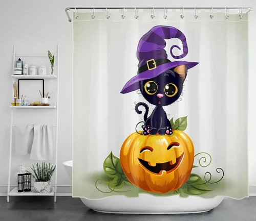 Miniatura 11 de LB Cortina de ducha de Halloween, cementerio de terror, fantasma, gatos negros en árbol, calabaza, cortinas de ducha para baño con ganchos, 60 x 72