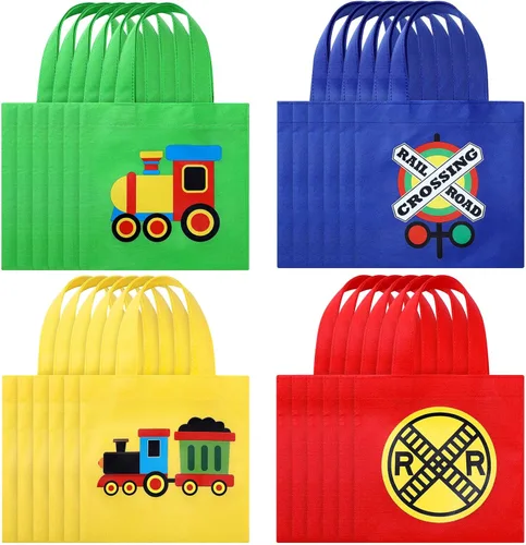 Silkfly 24 bolsas de mano temáticas de tren para fiestas, lona con asas para niños, suministros para fiestas de cumpleaños