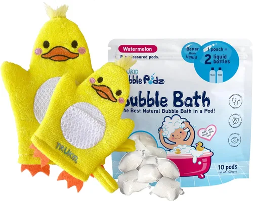 TruKid Juego de sandía Bubble Podz & BubbleGlove - Cápsulas de baño de burbujas y 2 guantes de lavado para niños pequeños y niños