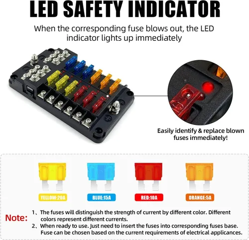 Miniatura 2 de Caja de bloque de fusibles de 12 vías y 12 voltios, panel de fusibles impermeable para barco con indicador de advertencia LED, 12 circuitos con hoja