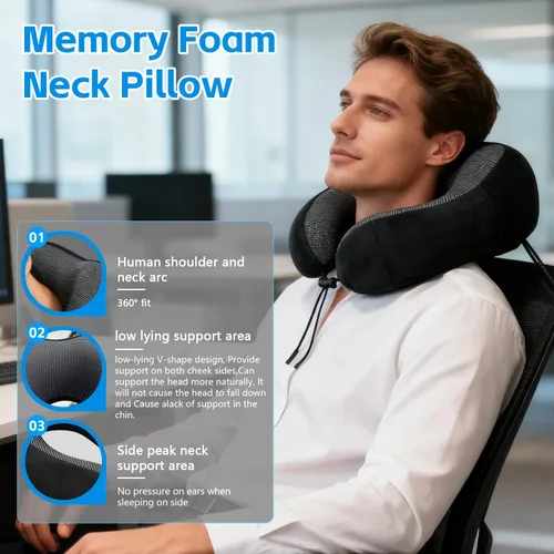 Miniatura 2 de Almohada de avión, almohada de cuello de viaje con espuma viscoelástica, hebilla ajustable y funda lavable a máquina para soporte de cuello en Negro