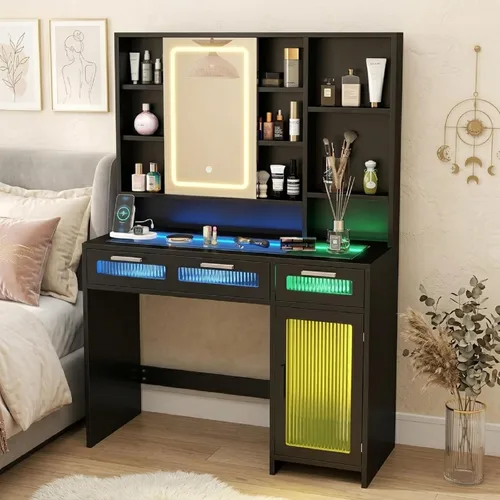 Miniatura 9 de Hadulcet Escritorio de tocador moderno negro con espejo LED de 3 modos, estación de carga y luces RGB, tocador pequeño con amplio almacenamiento