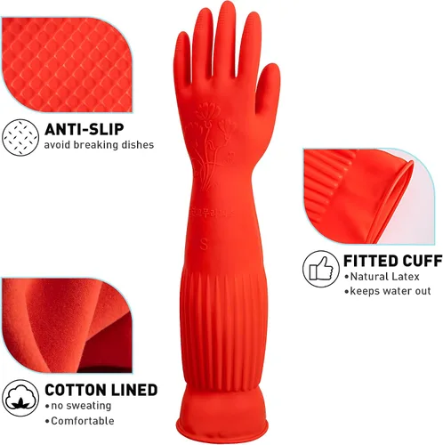 Miniatura 2 de ThxToms Guantes de goma para limpieza de platos (2 pares), forrados con forro polar, reutilizables, impermeables, con puño extralargo y diseño