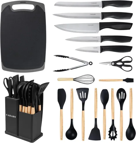 Miniatura 11 de Juego de utensilios de cocina de 19 piezas, 11 piezas de utensilios de cocina de silicona, juego de 6 cuchillos blancos afilados de acero inoxidable