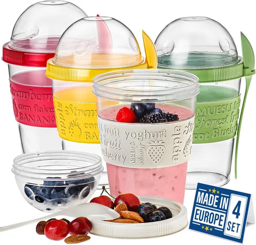 Crystalia Paquete de 4 tazas On The Go de 20 onzas de yogur para parfait con tapas y cucharas, recipientes de avena durante la noche, recipientes de