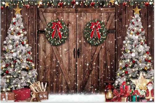 Miniatura 8 de Telón de fondo de tela de 2,1x1,5 m, diseño rústico de Navidad, granero de invierno, árbol de Navidad, nieve, regalos, Papá Noel, fondo