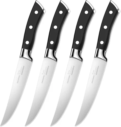 OAKSWARE - Juego de 4 cuchillos para carne, no dentados, con mango ergonómico forjado de espiga completa, acero inoxidable alemán de alto carbono de