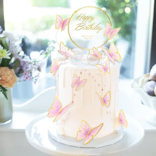 Miniatura 4 de Juego de 11 unidades de decoraciones de mariposa para pastel rosa dorado - Decoración de pastel de feliz cumpleaños de metal dorado (LL-652)