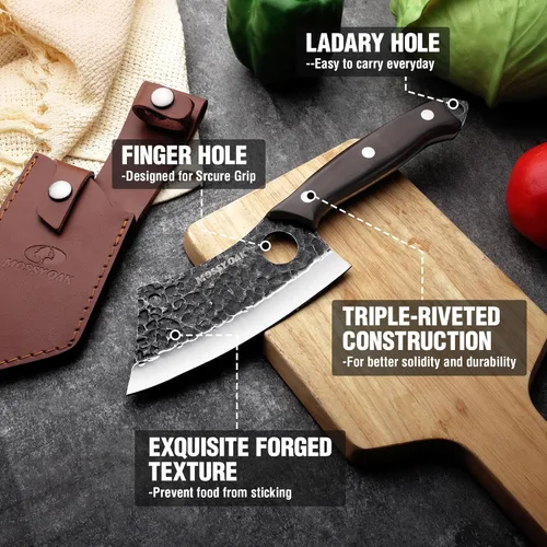 Miniatura 6 de Mossy Oak Cuchillo para carne, cuchillo de carnicero con funda de cuero auténtico, cuchillo de cocina forjado a mano, mango completo para cortar