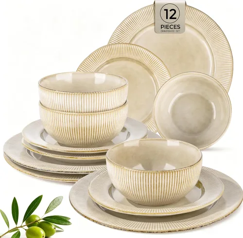 GBHOME Ceramic Dinnerware Sets,12 pcs Embossed Elegant Stoneware Plates and Bowls Sets, Housewarming Wedding Gift | Dishwasher & Microwave Safe |