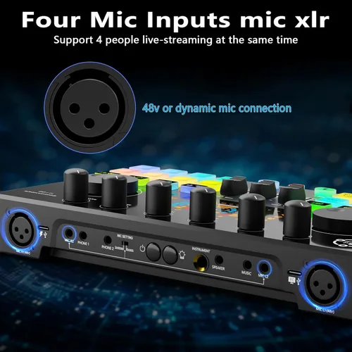 Miniatura 5 de Paquete de equipo de podcast para 2, mezclador de DJ de interfaz de audio con micrófono condensador XLR de 48 V, RGB, cambio de voz, para HS-M100-2X
