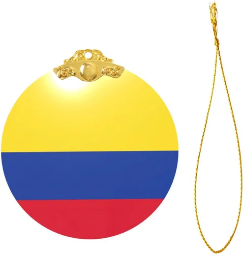 Miniatura 2 de Colgante redondo de adorno navideño de cristal con estampado de bandera de Colombia con detalles dorados y plateados para colgar la decoración