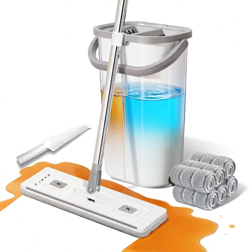 Juego de trapeador de pared y cubo: escurridor de pared para limpieza de baño, trapeador con giro para cocina, lindo regalo para mujeres, 6