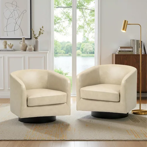 Miniatura 25 de Juego de 2 Sillas Giratorias de Acento, Silla Barril Tapizada en Tela para Sala de Estar, Cómodo Sillón Redondo Sofá Individual Asiento de Lino Beige