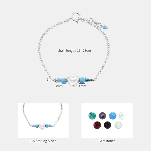 Miniatura 7 de 925 Sterling Silver Gemstone Bracelet - 3mm Gemstone Round Beads with Heart Silver Charm - 16-18cm Length - Gemstone Jewelry for Women - Perfect for