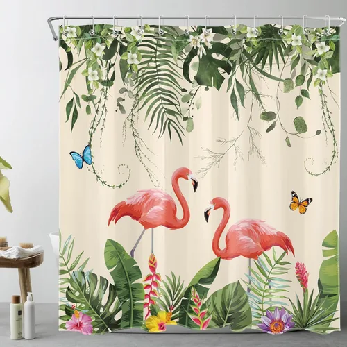 Miniatura 13 de EOBTAIN Cortina de ducha de hojas de plantas tropicales para baño, flamenco rosa y mariposa azul con hojas de palma en beige, cortina de ducha con 8