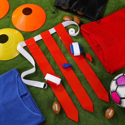 Miniatura 7 de Sratte Set de fútbol de bandera para 14 jugadores, 14 banderas de fútbol de malla de nailon, 14 cinturones ajustables, 12 conos para entrenamiento