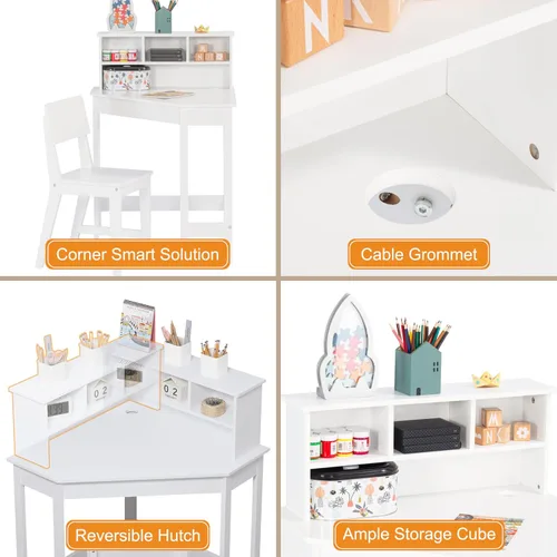 Miniatura 3 de UTEX Escritorio para niños, juego de escritorio de esquina y silla, mesa de estudio para niños con almacenamiento y gabinete para uso escolar