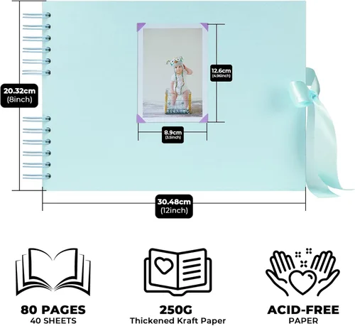 Miniatura 4 de Bemece Álbum de recortes, álbumes de recortes de 12 x 8 pulgadas con 80 páginas, libro de recuerdos de bricolaje para bodas, aniversarios, Azul