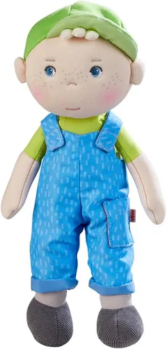 Miniatura 9 de HABA Snug Up Doll Rumbi - Muñeca suave de 10 pulgadas con cabello negro y overol rosa - Lavable a máquina para 18 meses en adelante