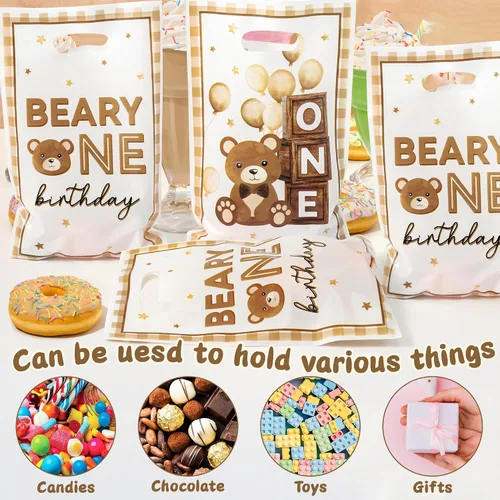 Miniatura 4 de Bolsa de Regalo para Primera Fiesta de Cumpleaños Oso 50Pcs Bolsas de Dulces y Regalos con Oso Marrón Dulces y Golosinas para Fiesta Temática Oso