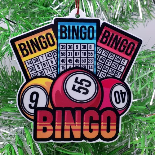 Adorno de bingo con tarjetas de bingo y bolas de bingo, adorno de Navidad de 4 pulgadas de alto (B7)