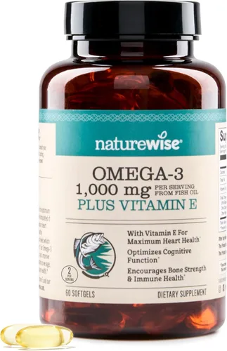 NatureWise Suplemento de aceite de pescado Omega 3 extra fuerte – 1000 mg por porción – 600 EPA y 400 DHA y vitamina E – Apoyo para la salud del