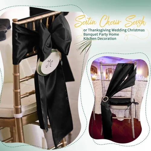 Miniatura 6 de 60 bandas para sillas de satén negro, diseño de lazos con lazos, para decoración de sillas para Acción de Gracias, boda, Navidad, banquetes