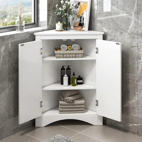 Miniatura 11 de Armario de almacenamiento de esquina para el hogar, gabinete de piso triangular para baño, gabinete de esquina independiente de madera con puerta
