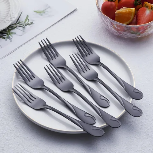 Miniatura 3 de Juego de 6 tenedores para ensalada de acero inoxidable de 6.9 pulgadas, tenedor de postre de metal negro brillante, tenedor pequeño para tartas