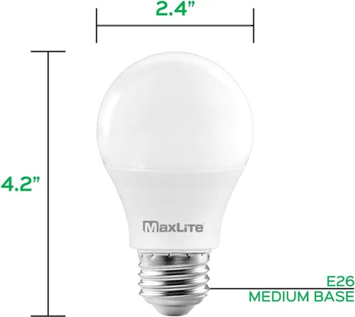 Miniatura 4 de MaxLite Bombilla LED A19, nominal de accesorio cerrado, equivalente a 60 W, 800 lúmenes, regulable, base media E26, 2700 K blanco suave, paquete