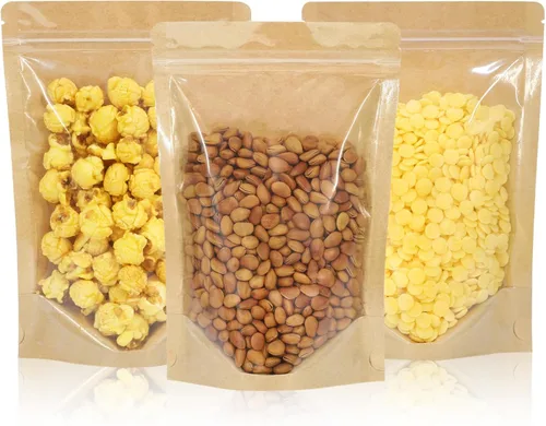 Miniatura 9 de 100 PCS bolsas resellables, bolsas de papel kraft de pie con ventana frontal transparente, bolsas de almacenamiento de alimentos con cierre