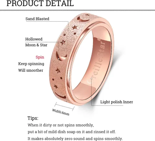 Miniatura 5 de OreilleStar Anillo de ansiedad para mujer, anillo giratorio, juguetes para la ansiedad, para adultos, acero inoxidable Fidit para hombres, banda