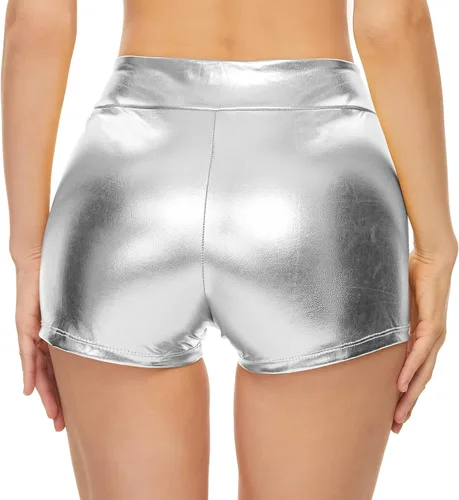 Miniatura 5 de Kepblom Pantalones cortos metálicos para mujer de cintura alta brillantes y de rave para disfraces de festivales de baile Metálico