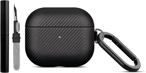 LOPIE Funda compatible con AirPods 3 (lanzado en 2021), funda de cuero vegano estilo fibra de carbono con kit de clip y limpiador, funda protectora