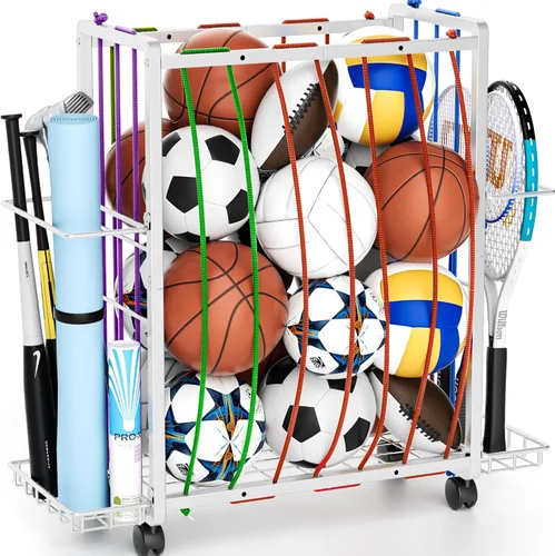 Carrito de almacenamiento de pelotas deportivas con ruedas, organizador de equipos deportivos de gran capacidad, organizador de pelotas de garaje