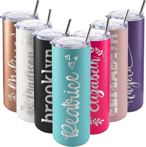 Miniatura 14 de Vasos delgados personalizados con tapa, regalos para ella de 20 onzas, rosa intenso, 12 diseños, vaso grabado personalizado con nombre, tazas Rosa