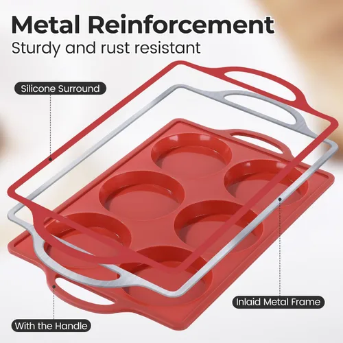 Miniatura 2 de CAKETIME Molde de silicona jumbo con marco de metal, molde redondo antiadherente de 4 pulgadas para hornear huevos para horno, magdalenas inglesas