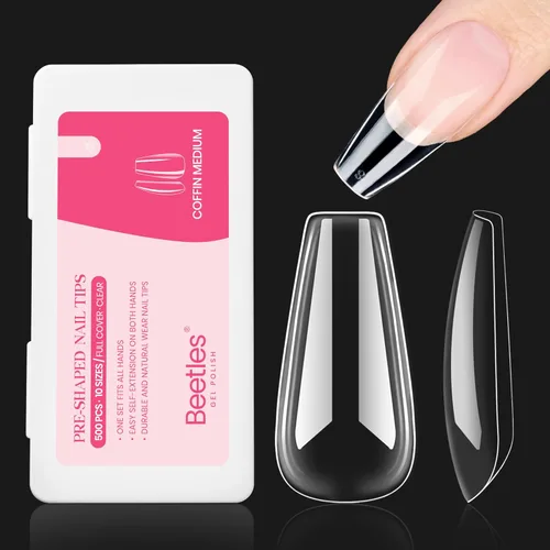 Miniatura 18 de Beetles Puntas de uñas de gel, set de extensión de uñas suaves 504 piezas, 12 tamaños, puntas de uñas cortas de almendra transparentes pre-dadas