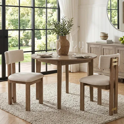 Miniatura 13 de HNY Juego de 4 sillas de comedor modernas de lino, tapizadas de tela beige, con marco de madera natural y respaldo curvado, sillas de madera sin