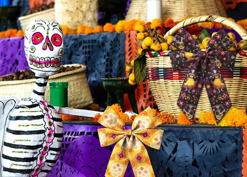 Miniatura 3 de Threetols 2 rollos de cintas de Halloween con borde con alambre de 10 yardas, cinta de arpillera de calavera de azúcar negra y naranja de 2.5